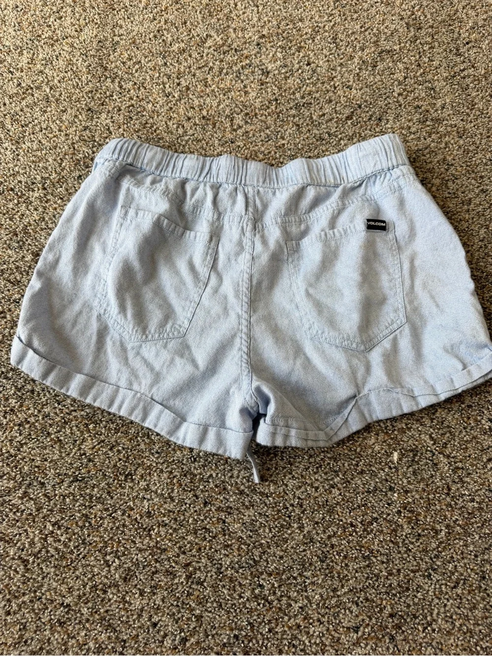 Volcom Womens M 8 Blue Chambray Shorts Drawstring Elastic Waist Beach Casual